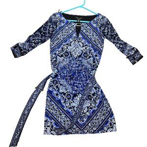 White House Black Market Blue/Black Floral Keyhole Neck Belted Dress Size XXS